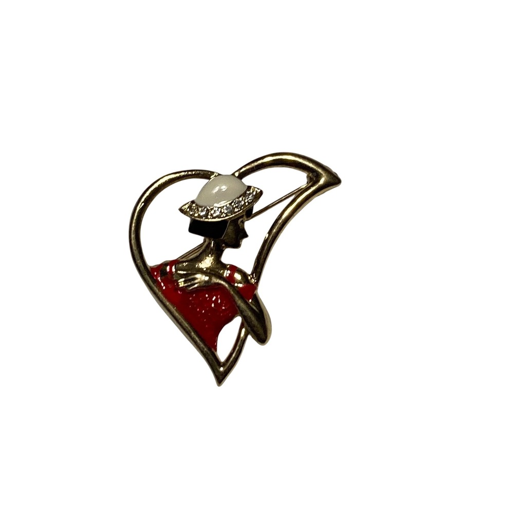 Gold Tone Lady in Hat Heart Brooch Red Enamel Faux Pearl Rhinestone Pin
